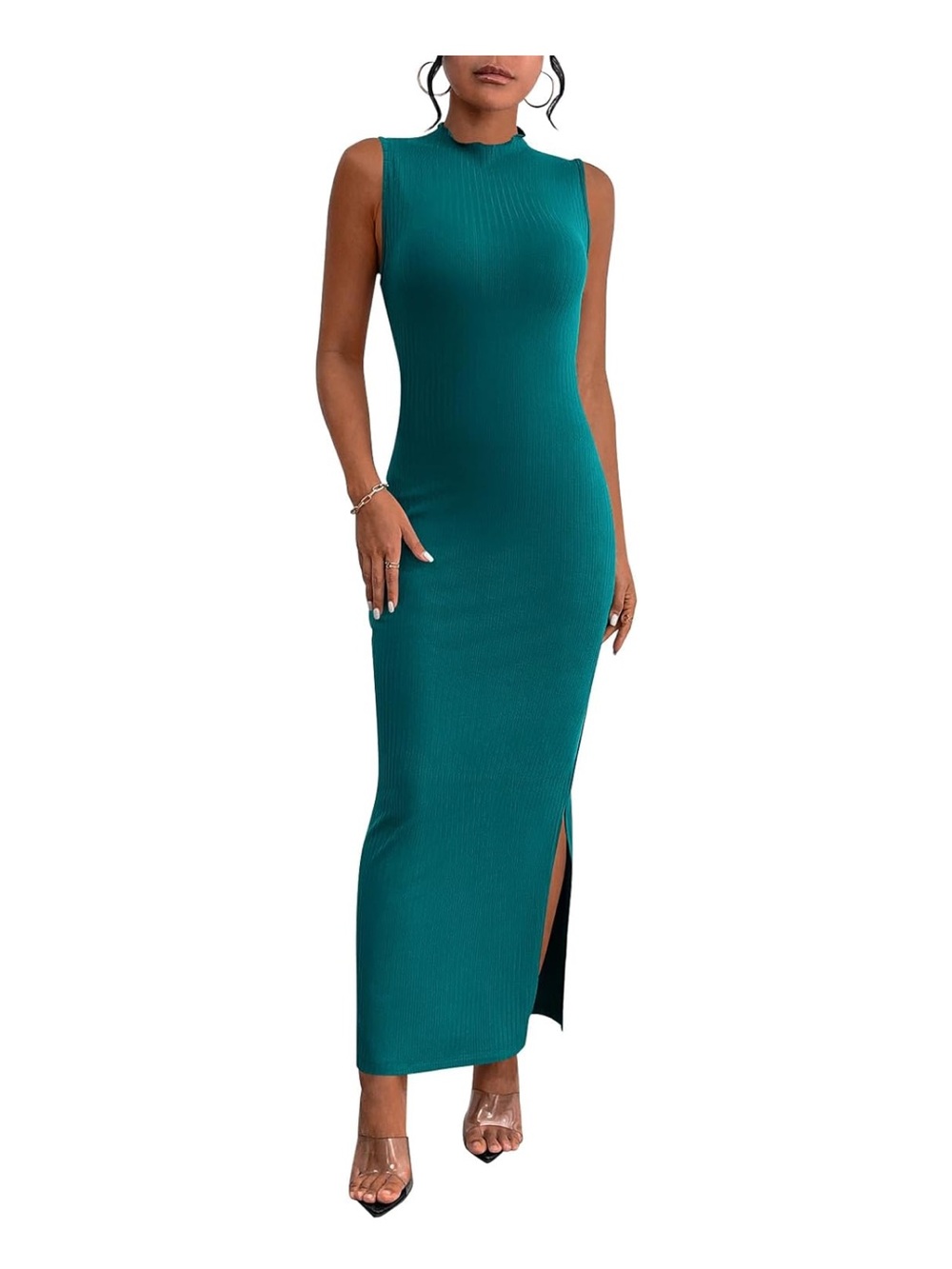 Sleeveless Teal Ribbed Maxi Dress with Side Slit